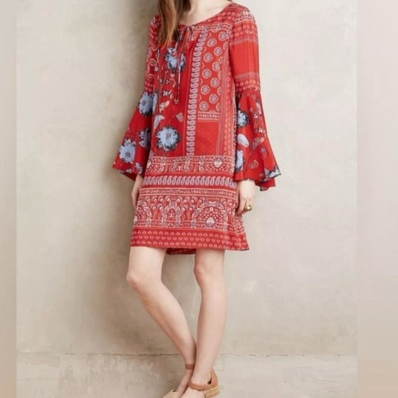 Vanessa Virginia x Anthropologie Red Silk Tunic Dress with Bell Sleeves, Size 10 - Picture 1 of 10